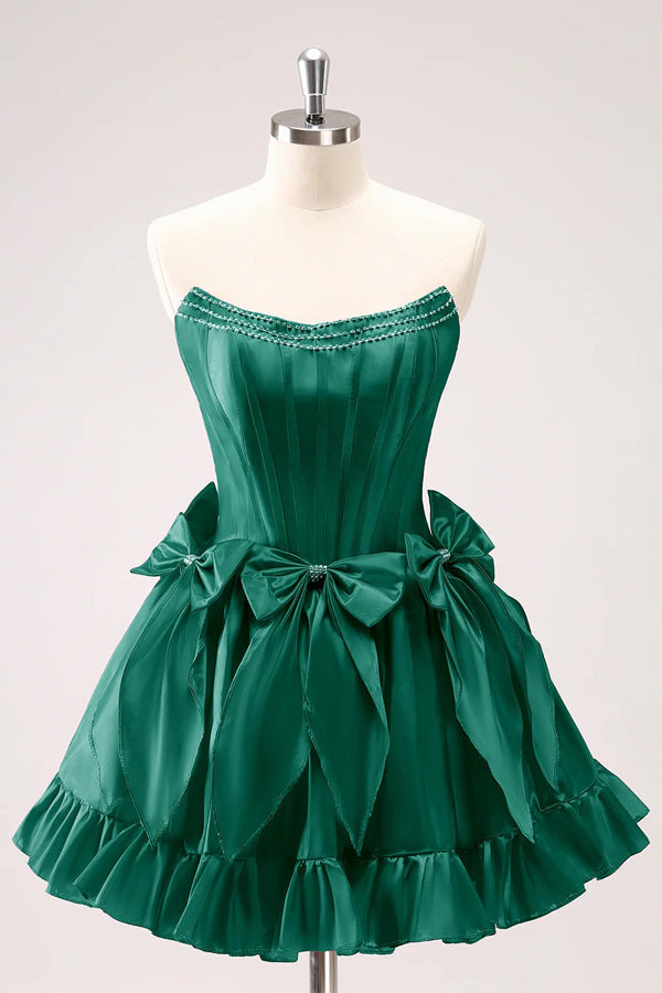 A Line Short Strapless Corset Fuchsia Homecoming Dress With Bows
