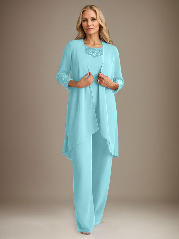 Chiffon Scoop Long Sleeves Mother Of The Bride Pantsuits With Jacket