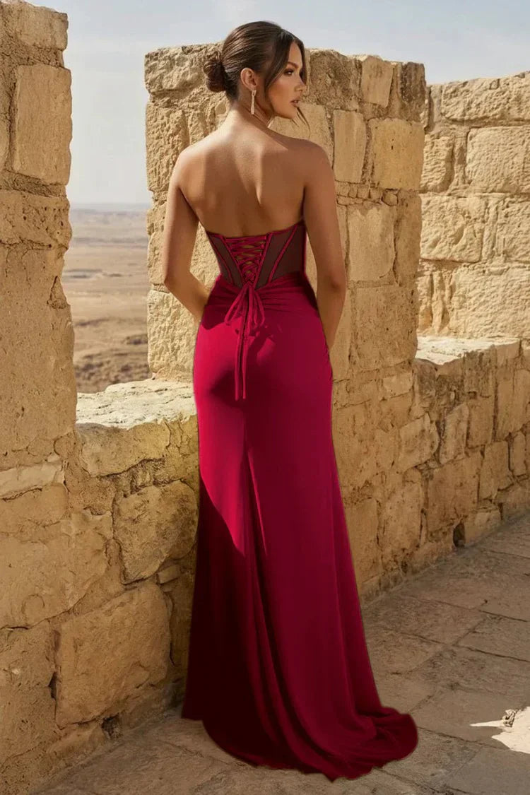 Aqua Strapless Corset Lace Up Back High Slit Prom Dresses