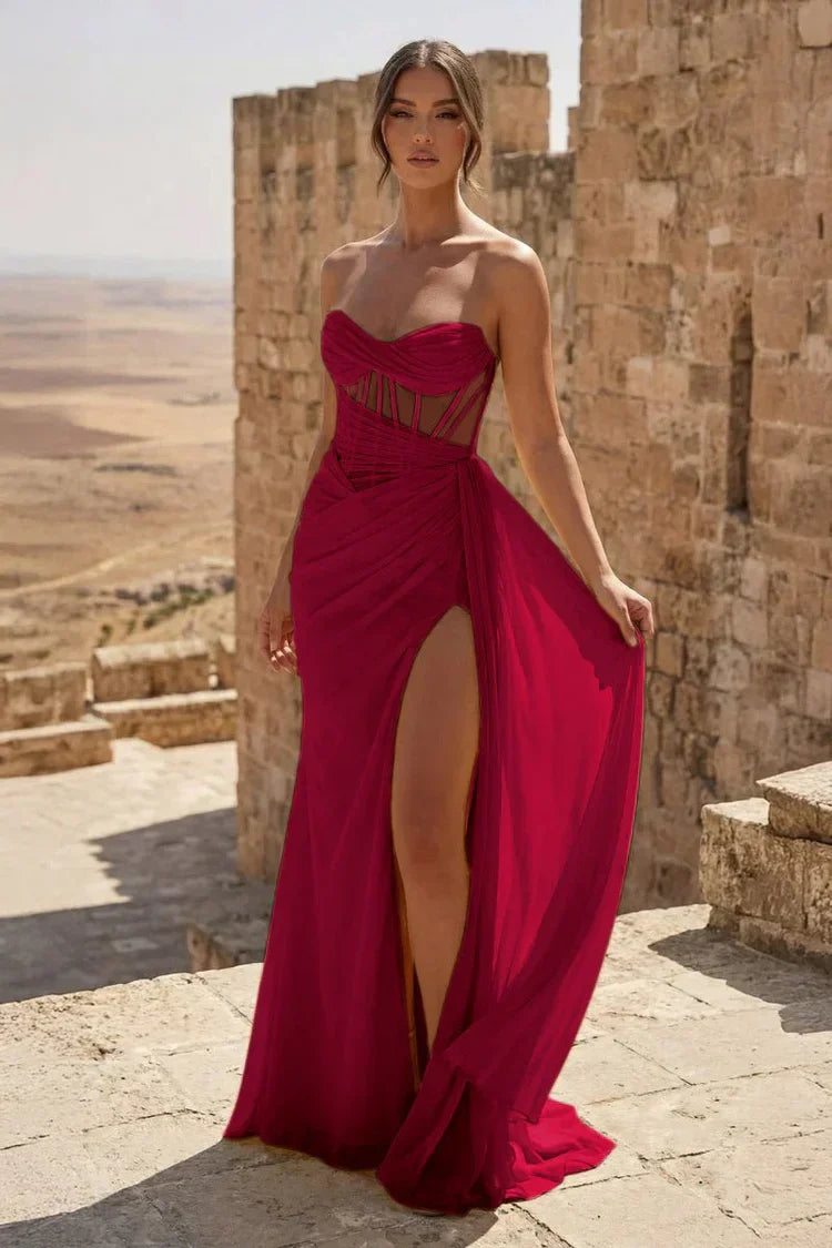 Aqua Strapless Corset Lace Up Back High Slit Prom Dresses