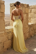 Aqua Strapless Corset Lace Up Back High Slit Prom Dresses