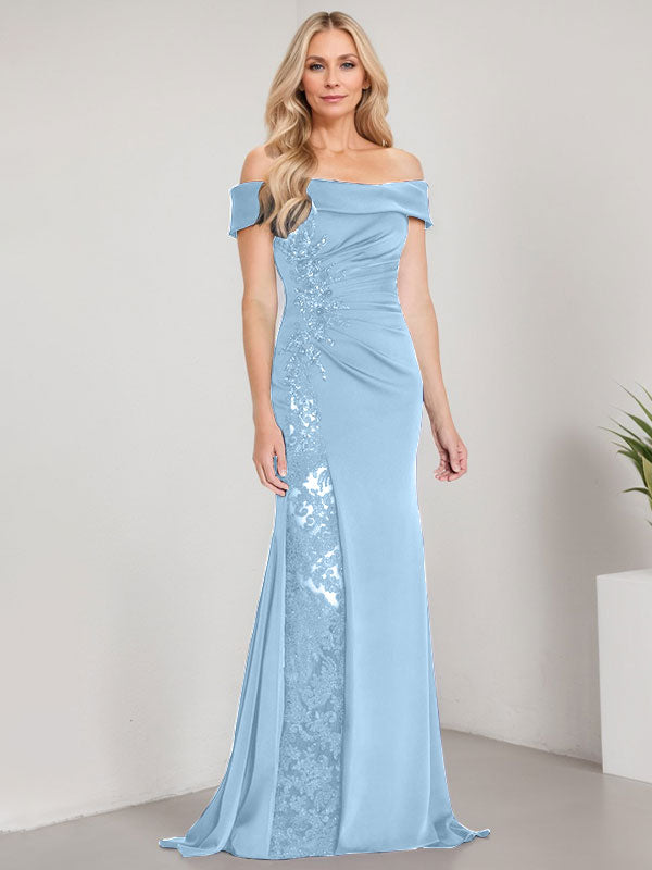 A-Line Off the Shoulder Floor-Length Mother of the Bride Dress Applique Beadings Mermaid Dress With  High Split