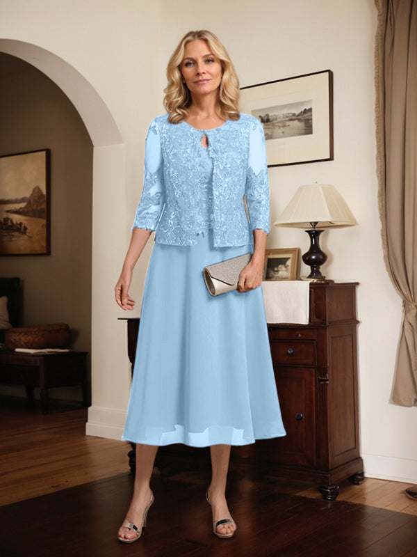 A-line Scoop Tea-Length Lace Chiffon Mother of the Bride Dress With Sequins