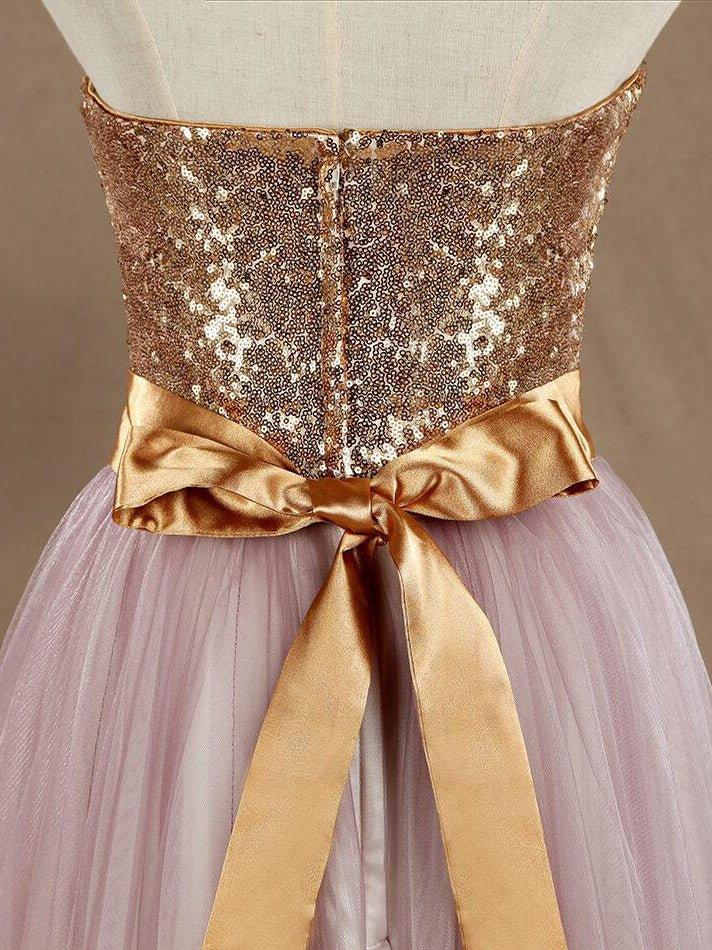 Ball Gown Light Purple Tulle Bridesmaid dress A-line Sweetheart Gold Sequined Strapless Evening dress