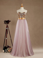 Ball Gown Light Purple Tulle Bridesmaid dress A-line Sweetheart Gold Sequined Strapless Evening dress