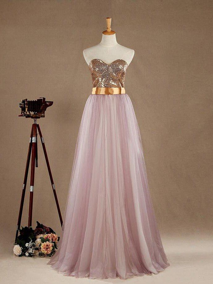 Ball Gown Light Purple Tulle Bridesmaid dress A-line Sweetheart Gold Sequined Strapless Evening dress