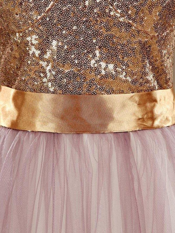 Ball Gown Light Purple Tulle Bridesmaid dress A-line Sweetheart Gold Sequined Strapless Evening dress