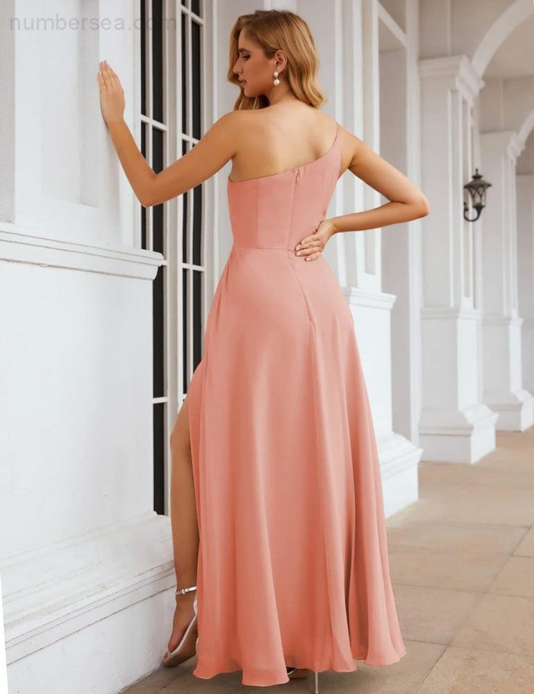 Numbersea One Shoulder Chiffon Bridesmaid Dresses Long Formal Homecoming Prom Gowns for Women Party Wedding Evening SEA28052