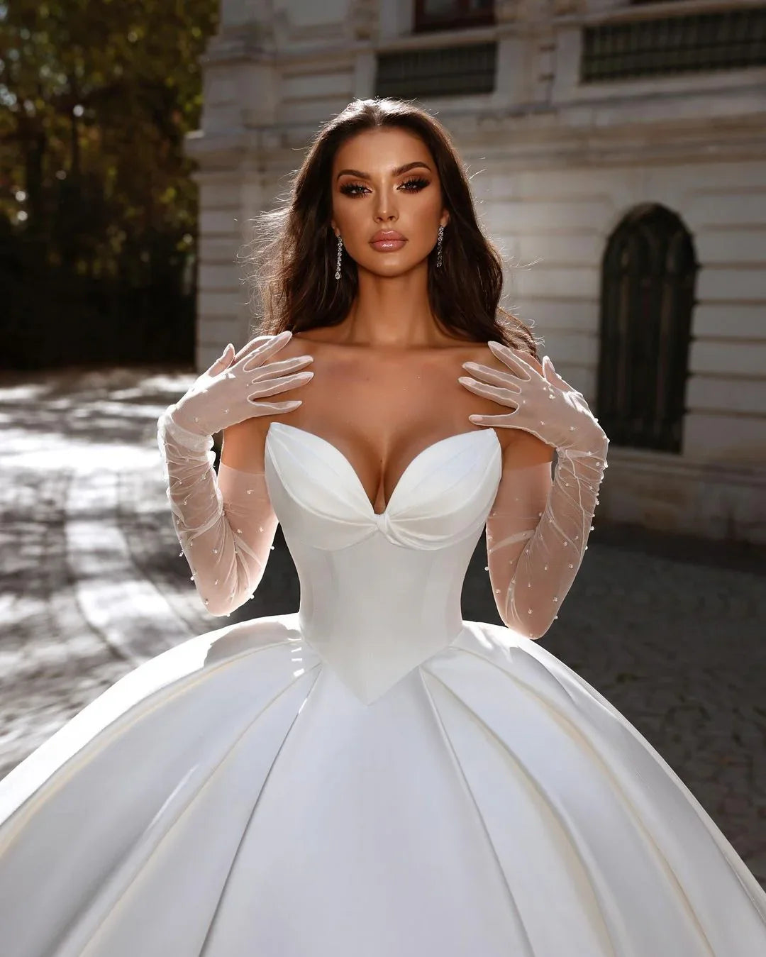 Beautiful Long  A-line Satin Sleeveless Ball Gown Wedding Dress