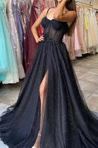 Tulle A-line Sweetheart Spaghetti Straps Prom Dresses With Side Slit