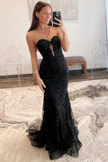 Tulle Mermaid Lace Appliques Sweetheart Keyhole Long Prom Dresses