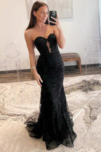 Tulle Mermaid Lace Appliques Sweetheart Keyhole Long Prom Dresses