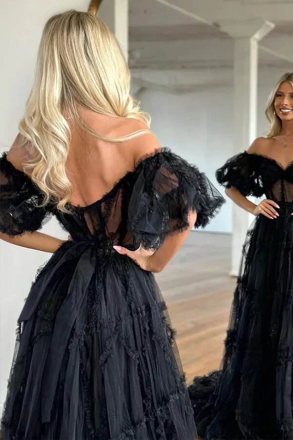 Tulle See Through Off Shoulder Ruffled Prom Dresses, Party Dress