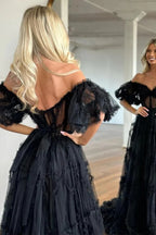 Tulle See Through Off Shoulder Ruffled Prom Dresses, Party Dress