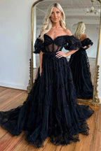 Tulle See Through Off Shoulder Ruffled Prom Dresses, Party Dress