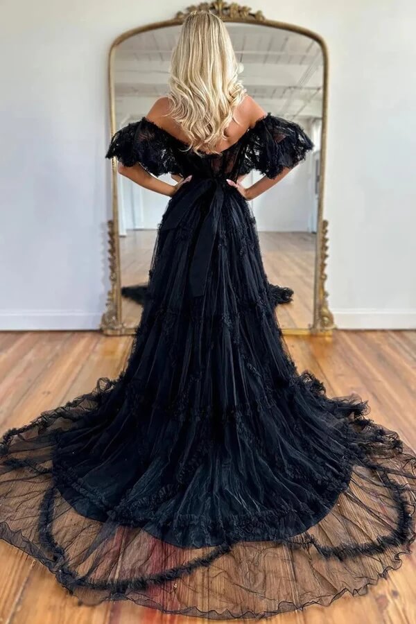 Tulle See Through Off Shoulder Ruffled Prom Dresses, Party Dress