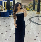 Velvet Maxi Prom Dresses with Off Shoulder Neck Beaded Trim Corset Waist Column Skirt for Prom and Gala