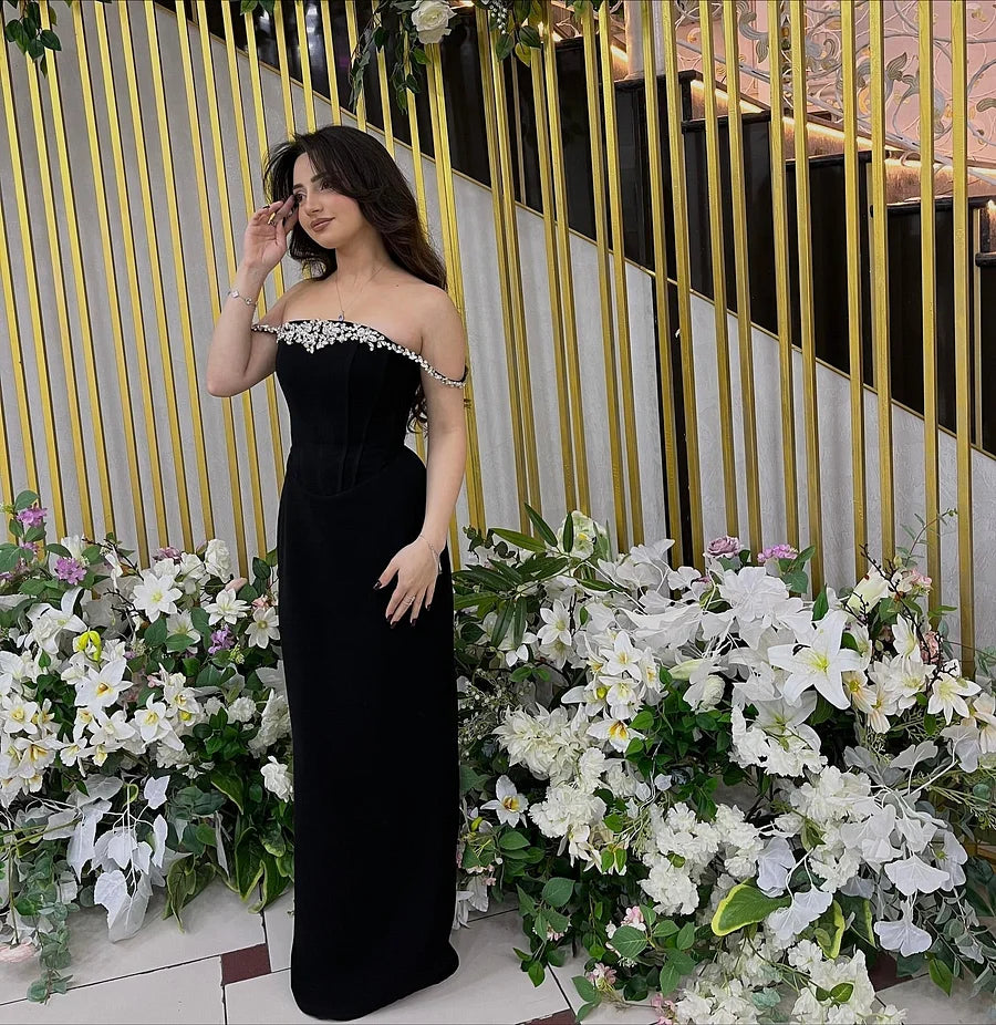 Velvet Maxi Prom Dresses with Off Shoulder Neck Beaded Trim Corset Waist Column Skirt for Prom and Gala