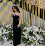 Velvet Maxi Prom Dresses with Off Shoulder Neck Beaded Trim Corset Waist Column Skirt for Prom and Gala