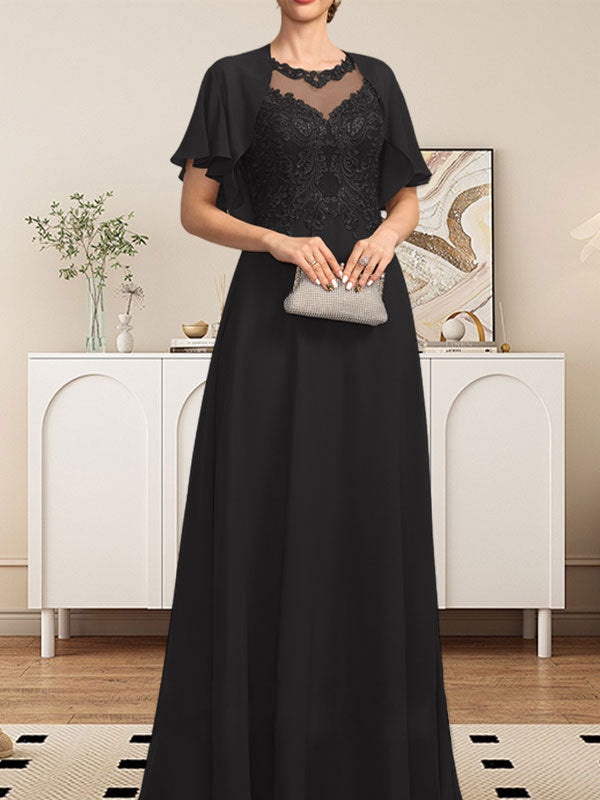A-line Scoop Illusion Floor-Length Lace Chiffon Mother of the Bride Dress With Sequins