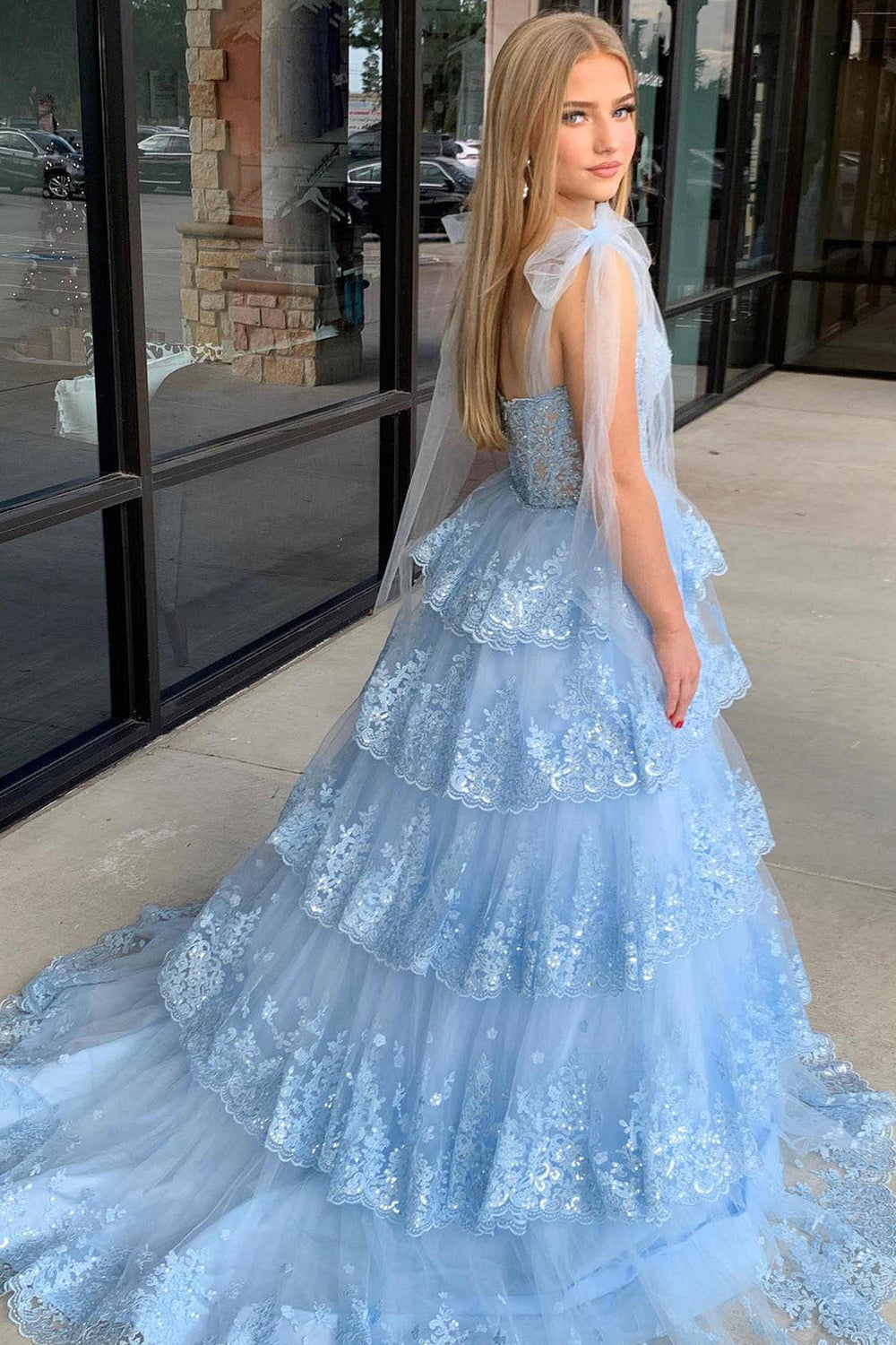 Princess Spaghetti Straps Tiered Corset Prom Dress with Appliques