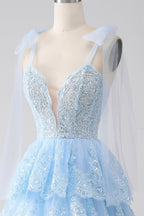 Princess Spaghetti Straps Tiered Corset Prom Dress with Appliques