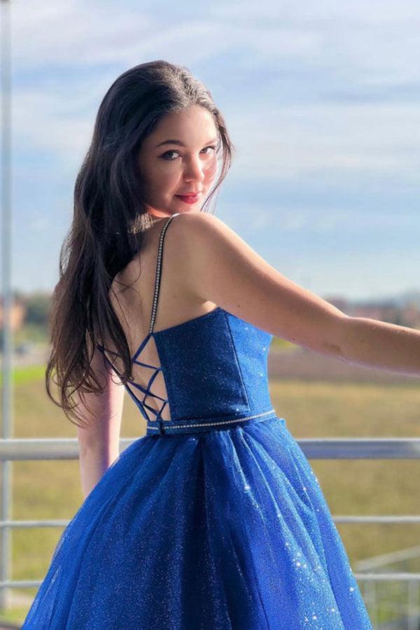 Blue A-Line Tulle Long Prom Dress Sparkly Formal Evening Dresses