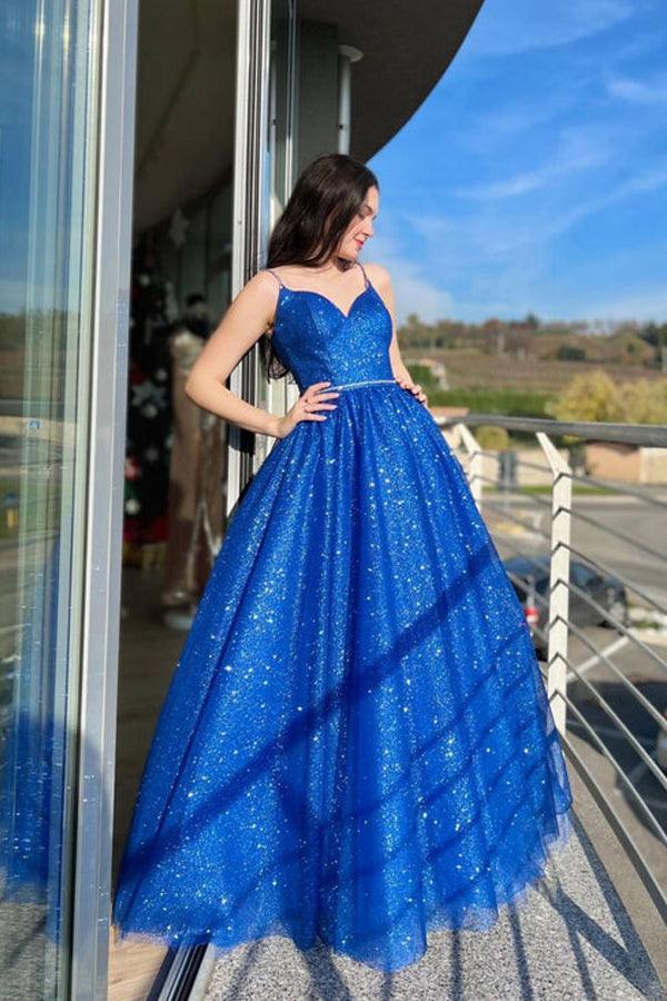 Blue A-Line Tulle Long Prom Dress Sparkly Formal Evening Dresses