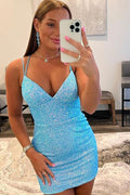 Spaghetti Straps Stripe Sequin Tight Short Homecoming Dress