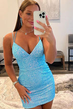 Spaghetti Straps Stripe Sequin Tight Short Homecoming Dress