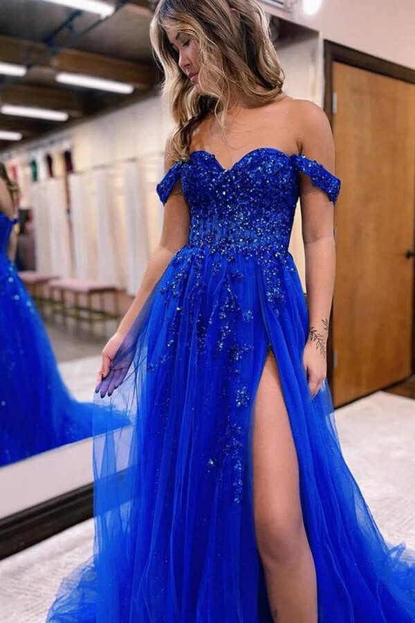 Tulle A-line Off-the-Shoulder Lace Appliques Prom Dress With Slit