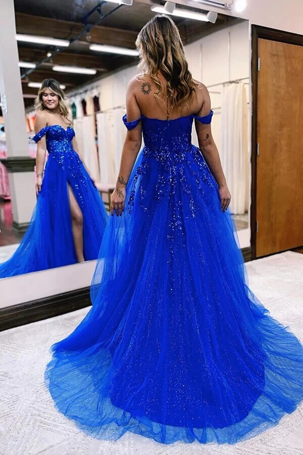 Tulle A-line Off-the-Shoulder Lace Appliques Prom Dress With Slit