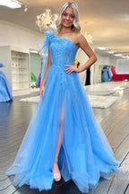 Tulle A-line One Shoulder Lace Appliques Prom Dresses With Slit