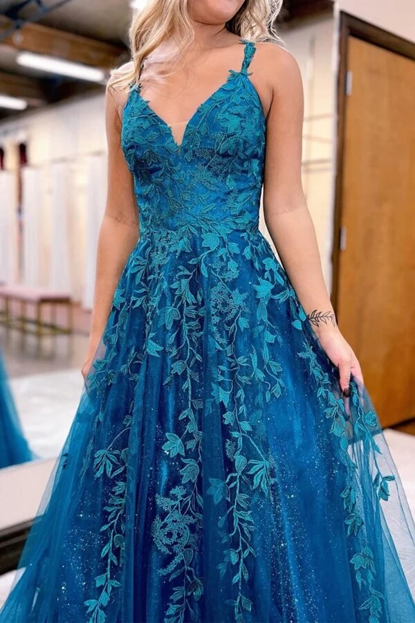 Tulle A-line Prom Dresses With Lace Appliques, Evening Dresses,