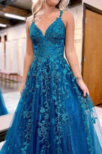 Tulle A-line Prom Dresses With Lace Appliques, Evening Dresses,