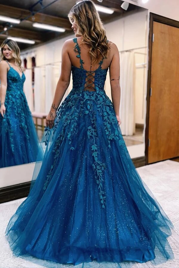 Tulle A-line Prom Dresses With Lace Appliques, Evening Dresses,