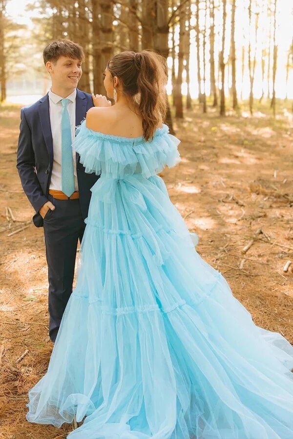 Tulle A-line Ruffles Off Shoulder Long Prom Dresses, Party Dress
