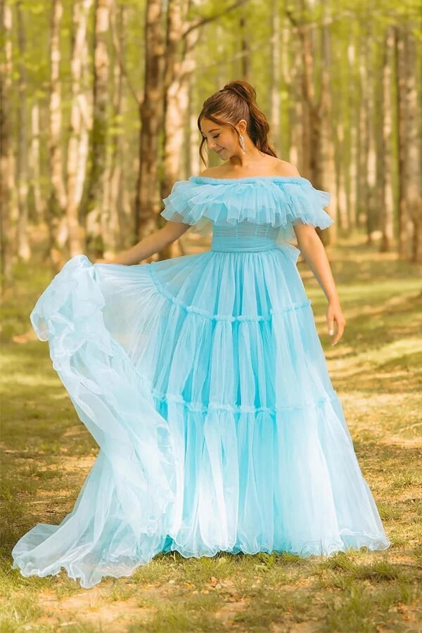 Tulle A-line Ruffles Off Shoulder Long Prom Dresses, Party Dress