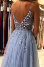 Tulle A-line V-neck Beaded Long Prom Dresses, Long Formal Dress