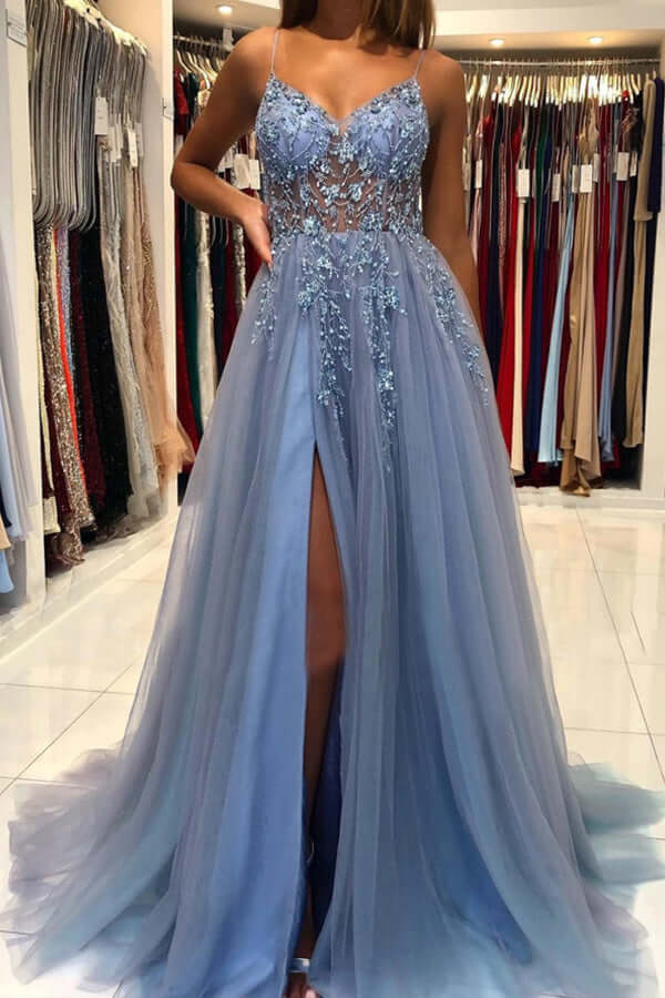 Tulle A-line V-neck Beaded Long Prom Dresses, Long Formal Dress