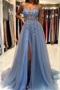 Tulle A-line V-neck Beaded Long Prom Dresses, Long Formal Dress