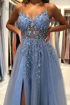 Tulle A-line V-neck Beaded Long Prom Dresses, Long Formal Dress