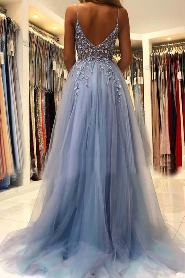 Tulle A-line V-neck Beaded Long Prom Dresses, Long Formal Dress