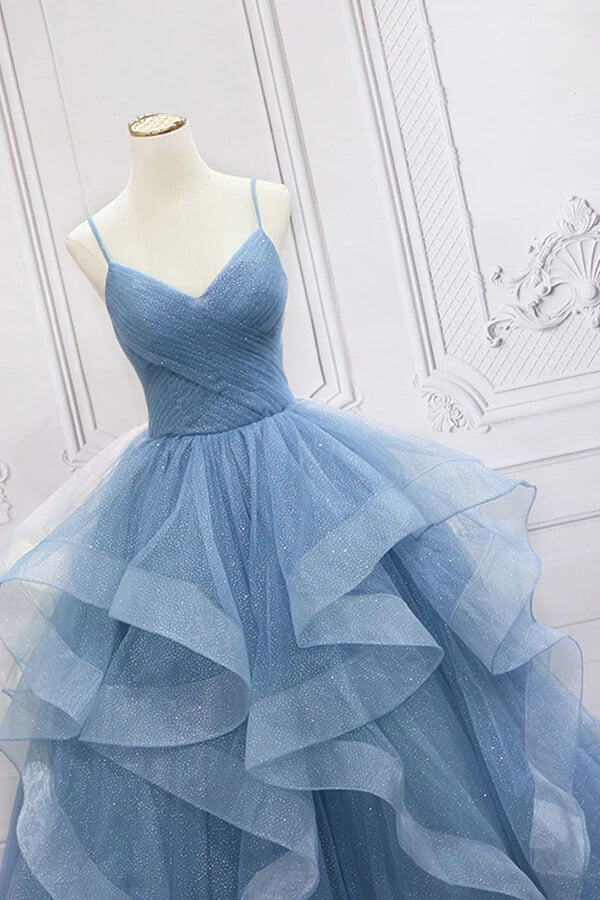 Tulle A-line V-neck Sequins Sparkly Prom Dresses, Long Formal Dresses