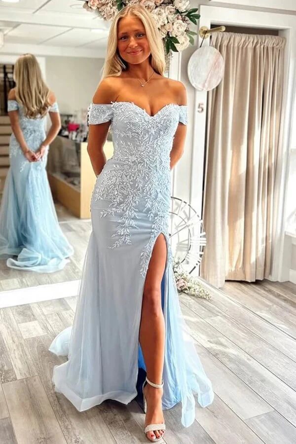 Tulle Mermaid Off Shoulder Sweetheart Lace Appliques Prom Dresses
