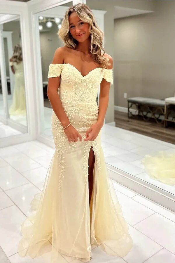 Tulle Mermaid Off Shoulder Sweetheart Lace Appliques Prom Dresses