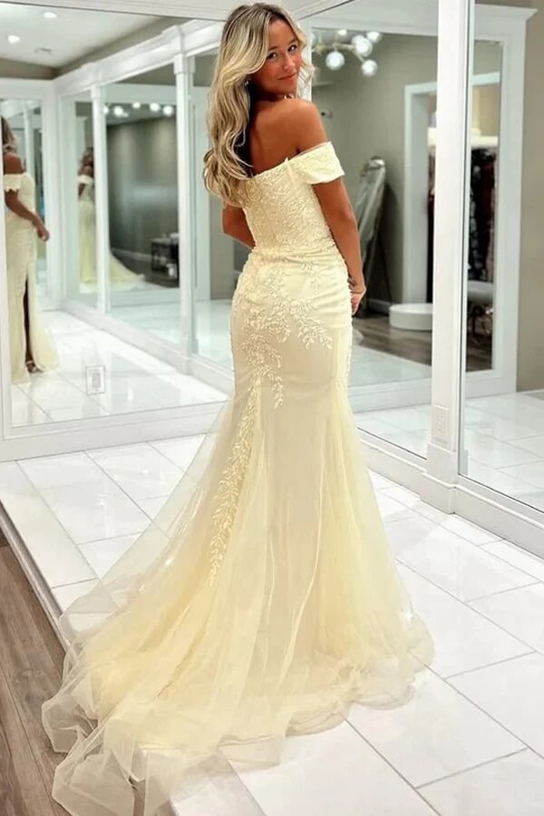 Tulle Mermaid Off Shoulder Sweetheart Lace Appliques Prom Dresses