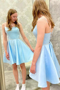 Satin Beads Short Prom Dress Blue Homecoming Dress
