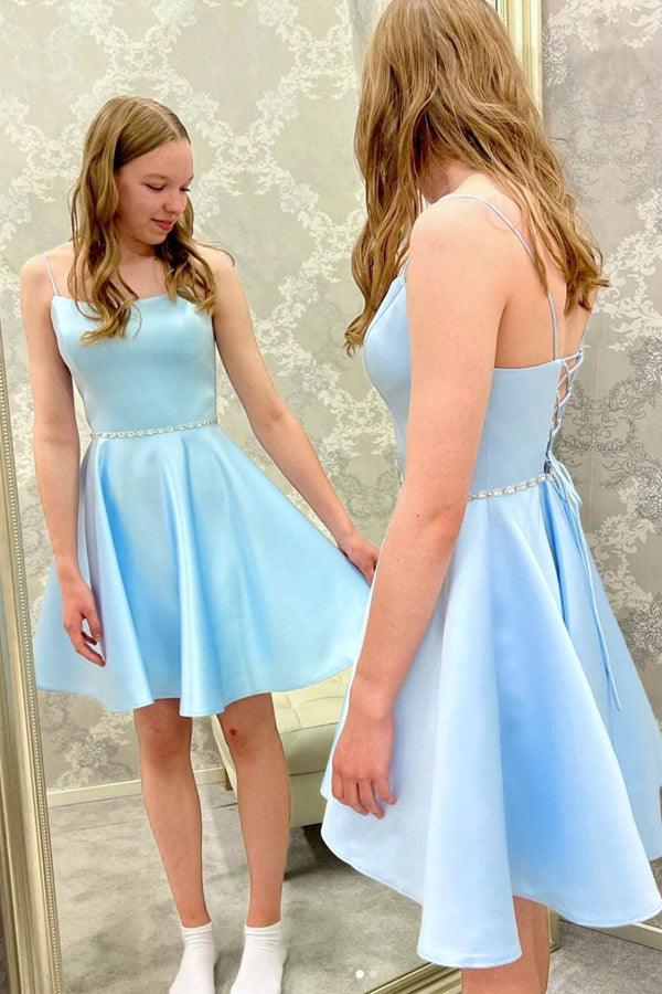 Satin Beads Short Prom Dress Blue Homecoming Dress