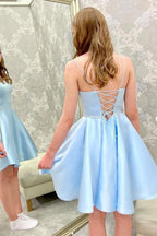 Satin Beads Short Prom Dress Blue Homecoming Dress